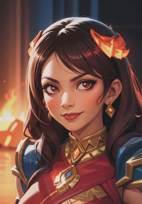 <lora:smite_pele:0.8>, smite_pele, smirk, fire, volcano, glowing eyes, portrait,, (gorgeous, beautiful, enchanting:1.3)