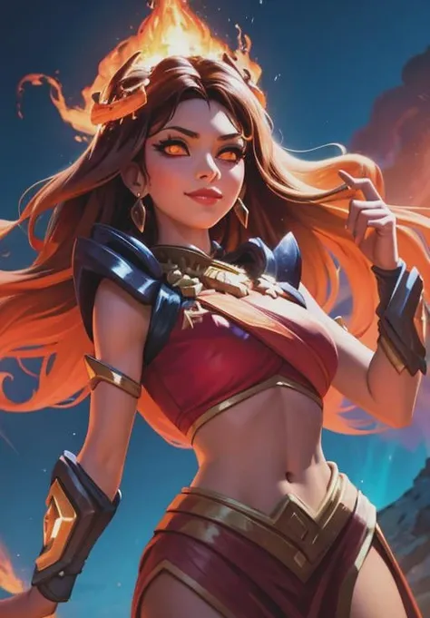 <lora:smite_pele:0.8>, smite_pele, smirk, fire, volcano, glowing eyes, (gorgeous, beautiful, enchanting:1.3)