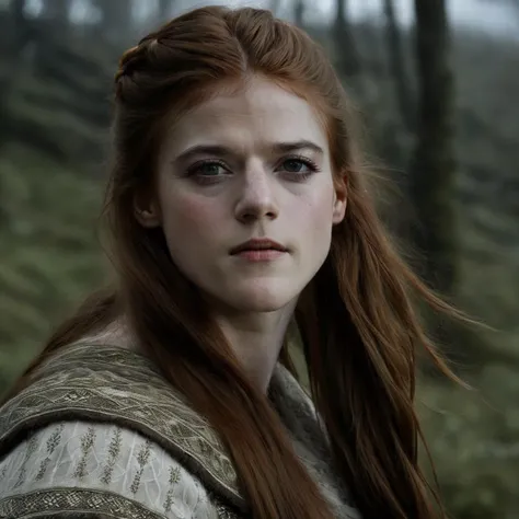 rose_leslie, <lora:RoseLeslieXL:1>, long hair, fall vegetation, abandoned threads, pagan priestess, winter, snow, looking at viewer, grunge art, dramatic atmosphere, fog, dim light, muted colors, ((perfect eyes, detailed eyes,realistic eyes)), ((sharp face, detailed face, realistic face, naturtal skin, realistic skin, detailed skin, pores))