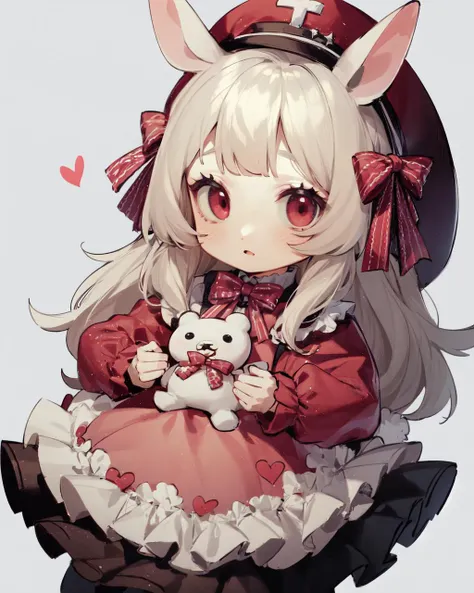 chibi, masterpiece, best quality, extremely detailed, detailed background, detailed face, 1girl, stuffed toy, stuffed animal, pink headwear, long hair, solo, hat, animal ears, teddy bear, red eyes, grey hair, heart, pink dress, dress, bow, white background, looking at viewer, mob cap, blush, v, long sleeves, hair bow, bangs, rabbit ears, food,