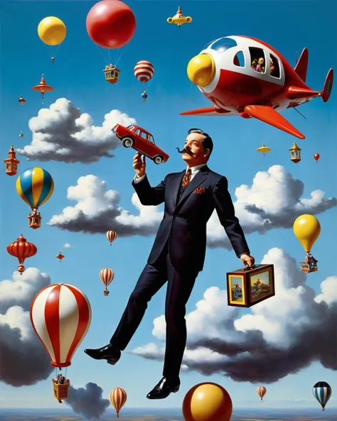 a man with a mustache and a suit, Toys & Games > Toys > Dolls, Playsets & Toy Figures > Action & Toy Figures floating in the air:1.3, Alice Prin, surreal photography, a surrealist painting, art photography, promotional image, a hyperrealistic painting, hyperrealism, panfuturism , <lora:Photo_Fantasy:0.8>