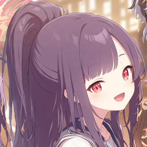 1girl, bangs, blur censor, blurry, blurry background, blurry foreground, blush, bokeh, chromatic aberration, depth of field, focused, long hair, looking at viewer, motion blur, open mouth, photo \(medium\), purple hair, red eyes, smile, solo, <lora:hennnachoco face XL-v1:1>