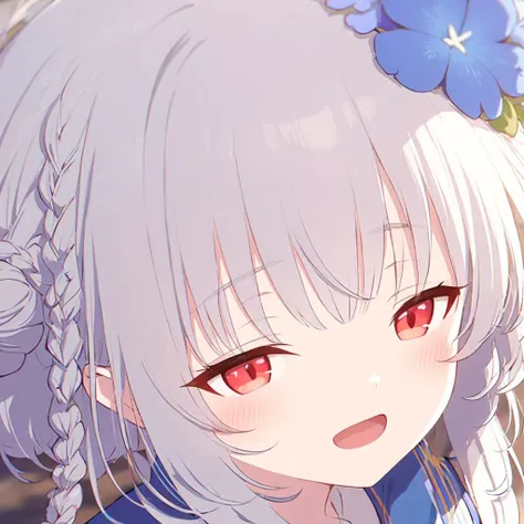 anime girl with white hair and blue dress with flower in her hair