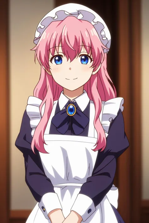 charlotte, 1girl, solo, long_hair, looking_at_viewer, smile, blue_eyes, simple_background, hat, ribbon, hair_between_eyes, jewelry, closed_mouth, upper_body, pink_hair, frills, blurry, apron, maid, maid_headdress, blurry_background, white_headwear, mob_cap, brooch, white_apron, maid_apron