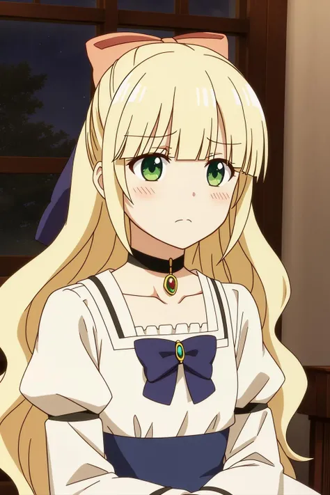blanche, 1girl, solo, long_hair, blush, blonde_hair, long_sleeves, bow, jewelry, closed_mouth, green_eyes, collarbone, upper_body, hair_bow, sky, choker, puffy_sleeves, indoors, blunt_bangs, tree, window, night, frown, wavy_hair, black_choker, juliet_sleeves, brooch