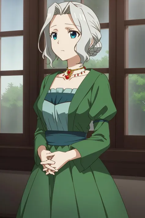 beatrice, 1girl, solo, short_hair, blue_eyes, jewelry, standing, collarbone, grey_hair, choker, indoors, necklace, window, looking_away, own_hands_together, green_dress, own_hands_clasped