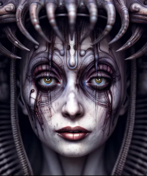 close up - [ zombie : (laughing girl:1.3) : 7 ], long wet hairstyle, 64k, high resolution, perfect octane render red atmosphere, the picture was taken on Canon EOS500D, (art by giger style:1.1)
