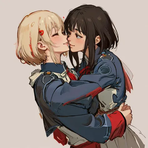 lycoris recoil, Takina Inoue is hugging embracing Nishikigi Chisato,imminent kiss,
lesbian yuri,
takina,lyln,inoue_takina,black_hair,long_hair,black_jacket,
chisato,lyqs,nishikigi_chisato,blonde_hair,short_hair,red_ribbon
<lora:de-anime-er_v10:-1.05>
,photorealistic,,best quality,masterpiece,highly detailed,ultra-detailed
unreal engin 5,octane render,(2D:1.2), limited palette flat color,, digital painting, artstation, concept art, smooth, sharp focus,art
<lora:neg_bdsqlsz_V2:1>
Hugging someone you love makes you feel happy. They say that when someone hugs you, it lifts your spirits and reduces stress.
<lora:lycoris:1.3:1:lbw=Chr>