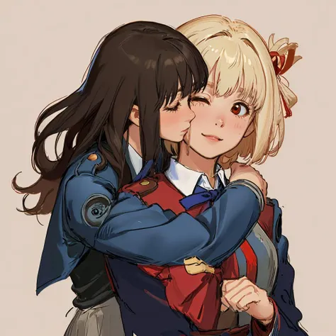 lycoris recoil, Takina Inoue is hugging embracing  Nishikigi Chisato,imminent kiss, 
lesbian yuri,
takina,lyln,inoue_takina,black_hair,long_hair,black_jacket,
chisato,lyqs,nishikigi_chisato,blonde_hair,short_hair,red_ribbon
<lora:de-anime-er_v10:-1.05>
,photorealistic,,best quality,masterpiece,highly detailed,ultra-detailed
unreal engin 5,octane render,(2D:1.2), limited palette flat color,, digital painting, artstation, concept art, smooth, sharp focus,art
<lora:neg_bdsqlsz_V2:1> 
 Hugging someone you love makes you feel happy. They say that when someone hugs you, it lifts your spirits and reduces stress. 
  <lora:lycoris:1.3:1:lbw=Chr>