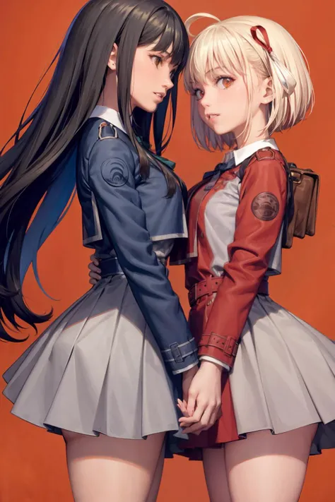 masterpiece, best quality, 2girls,multiple girls, black long hair,blonde short hair,black jack,red jack,red ribbon,(grey background:1),(kbxll:0.6)
