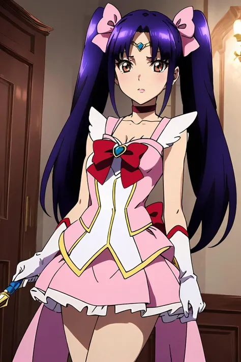 <lora:è¨èäº1V:0.8>,è¨èäº,1girl,solo,twintails,long hair,brown eyes,purple hair,blue hair,
magical girl,choker,dress,bow,pink dress,wand,hair bow,jewelry,pink choker,ribbon,brooch,cosplay,red bow,white gloves,, Exquisite visuals, high-definition,masterpiece,best quality,