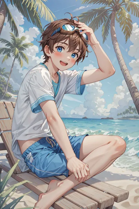 masterpiece,best quality,1boy,solo,goggles on head,male focus,blue eyes,outdoors,barefoot,shorts,open mouth,smile,looking at viewer,sitting,beach,blush,tree,brown hair,stylish pose,sky,palm tree,ocean,day, ,