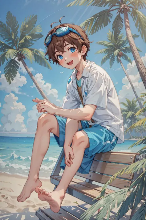masterpiece,best quality,1boy,solo,goggles on head,male focus,blue eyes,outdoors,barefoot,shorts,open mouth,smile,looking at viewer,sitting,beach,blush,tree,brown hair,stylish pose,sky,palm tree,ocean,day, ,