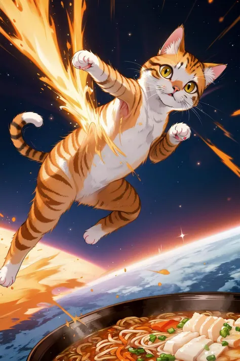 masterpiece,best quality,cat, space,motion lines,speed,(ramen:0.9)