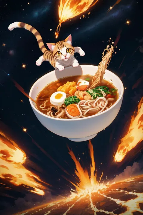 masterpiece,best quality,cat, space,motion lines,speed,(ramen:0.9)