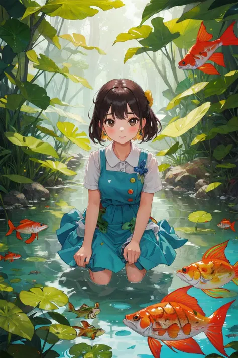 masterpiece,best quality,1girl,frog,fish