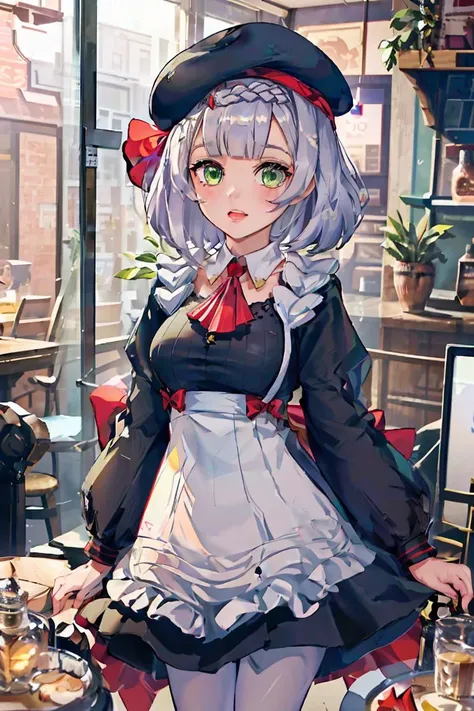 (masterpiece, best quality), 1girl, <lora:noellet-v100:1> noelledef, official alternate costume, waitress, noellenew, green eyes, employee uniform, hat, braid, white pantyhose, bangs,