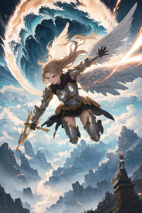 masterpiece,best quality,fantasy,girl,angel,battle,flying,energy wave,dynamic,clouds,landscape