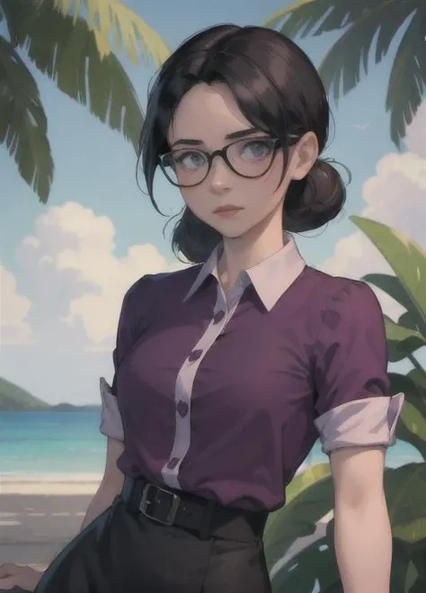 masterpiece, best quality, detailed face portrait of miss pauling, glasses, purple shirt, pencil skirt, pantyhose, looking at viewer, bored, neutral expression, arms crossed, sunlight, tropical, nature, outdoors, banana plants in background, <lora:misspauling-nvwls-v2:0.9>