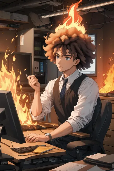 masterpiece,best quality,male,office,fire,pc,afro