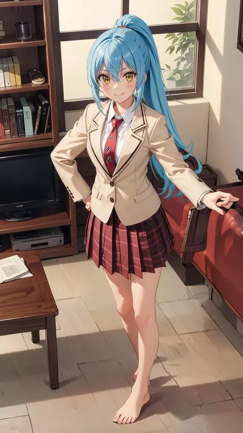 (masterpiece, best quality),ray tracing,absurdres, HDR,rimuru tempest, campus, skirt, 1girl,large breasts, blue hair, school uniform, plaid skirt, necktie, long hair, smile, plaid, yellow eyes, , jacket, pleated skirt, full body, , ponytail, , standing, blazer, looking at viewer, solo, , hair between eyes, ,red necktie, shirt, bangs, barefoot, red skirt, white shirt, collared shirt, closed mouth, , long sleeves, miniskirt,indoors, living room,<lora:rimuru campus:0.7>