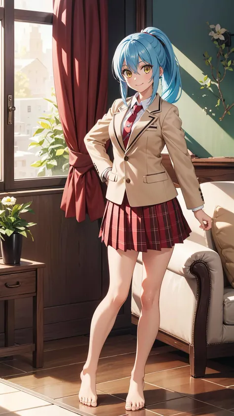 (masterpiece, best quality),ray tracing,absurdres, HDR,rimuru tempest, campus, skirt, 1girl,large breasts, blue hair, school uniform, plaid skirt, necktie, long hair, smile, plaid, yellow eyes, , jacket, pleated skirt, full body, , ponytail, , standing, blazer, looking at viewer, solo, , hair between eyes, ,red necktie, shirt, bangs, barefoot, red skirt, white shirt, collared shirt, closed mouth, , long sleeves, miniskirt,indoors, living room,<lora:rimuru campus:0.7>