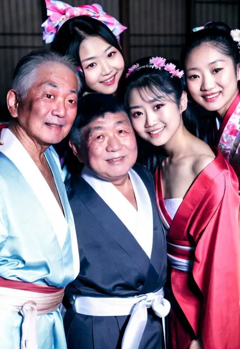 a polaroid photo without a frame ,(multiple men:1.2),(photorealistic:1.4) and (Realistic:1.4),asian man standing and woman standing,couple,from front,photo of (an 18-year-old beautiful japanese woman) and (age difference) and old (fat man),(beautiful japanese female idol Wearing a kimono) and wearing jewelry and hair accessories,black eyes,(man wrinkled skin),((woman looking at viewer and man looking at viewer)),(man white hair),grin and detailed teeth,lips,man wearing kimono, (best aesthetic:1.2) and (best quality:1.2),(detailed skin textures and detailed skin pores and high skin detail),<lora:age difference_V1:0.85> keylight reflection on eyes,detailed iris,detailed pupil, (Kabukicho, Japan, real world location) <lora:pornpolaroidphoto-proV1:0.4>