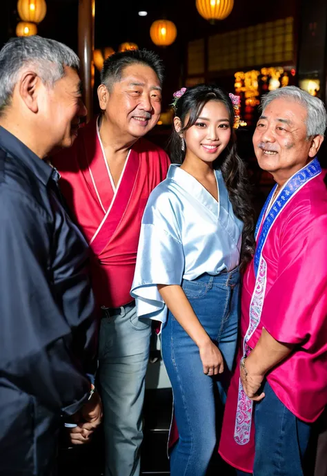 (multiple men:1.2),(photorealistic:1.4) and (Realistic:1.4),asian man standing and woman standing,couple,from front,photo of (an 18-year-old beautiful japanese woman) and (age difference) and old (fat man),(beautiful japanese female idol Wearing a kimono) and wearing jewelry and hair accessories,black eyes,(man wrinkled skin),((woman looking at viewer and man looking at viewer)),(man white hair),grin and detailed teeth,lips,thighs,man wearing jeans and wearing shirt, (best aesthetic:1.2) and (best quality:1.2),(detailed skin textures and detailed skin pores and high skin detail),Bar background,indoors,nightclub background,<lora:age difference_V1:0.85>  keylight reflection on eyes,detailed iris,detailed pupil,<lyco:film grainV3:0.3> (Kabukicho, Japan, real world location)