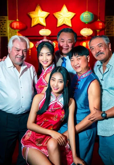 (multiple men:1.2),(photorealistic:1.4) and (Realistic:1.4),asian man standing and woman standing,couple,from front,photo of (an 18-year-old beautiful chinese woman) and (age difference) and old (fat man),(beautiful chinese female idol wearing cheongsam) and wearing jewelry and hair accessories,black eyes,(man wrinkled skin),((woman looking at viewer and man looking at viewer)),(man white hair),grin and detailed teeth,lips,thighs,man wearing jeans and wearing shirt, (best aesthetic:1.2) and (best quality:1.2),(detailed skin textures and detailed skin pores and high skin detail),Bar background,indoors,nightclub background,<lora:age difference_V1:0.85>  keylight reflection on eyes,detailed iris,detailed pupil,<lyco:film grainV3:0.3>