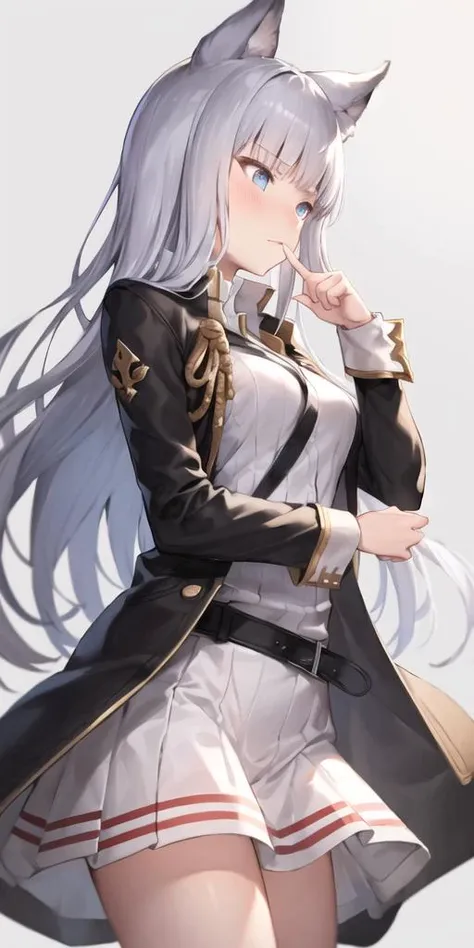 1girl, alternate costume, belt, blush, breasts, cat ears, closed mouth, finger to mouth, long hair, long sleeves, looking away, medium breasts, simple background, solo, uniform, white background, bangs, dress, jacket, open clothes, black jacket, open jacket, white dress, looking to the side, very long hair, cowboy shot,  <lora:korwa_locon_v1c:0.7>