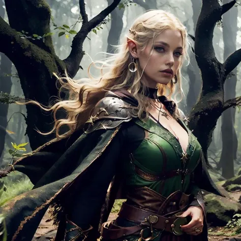 Tolkien, Middle Earth, Mirkwood, in the style of Anato Finnstark, (masterpiece:1.2), (best quality,:1.2), 8k, highly detailed, hyperrealistic, cinematic lighting, ambient lighting, Bridgette, <lora:Bridgette-10:1.0>, as rpgelf, sorceress, (((cowboy shot))), earrings, choker, necklace, dark makeup, long wild messy blonde hair, dynamic pose, robe, belt, jewelry, cape, circlet, ((looking at viewer)), in an gloomy and foggy forest, <lora:RPGElf:0.55>, <lora:Adventurers_v20:0.7>,