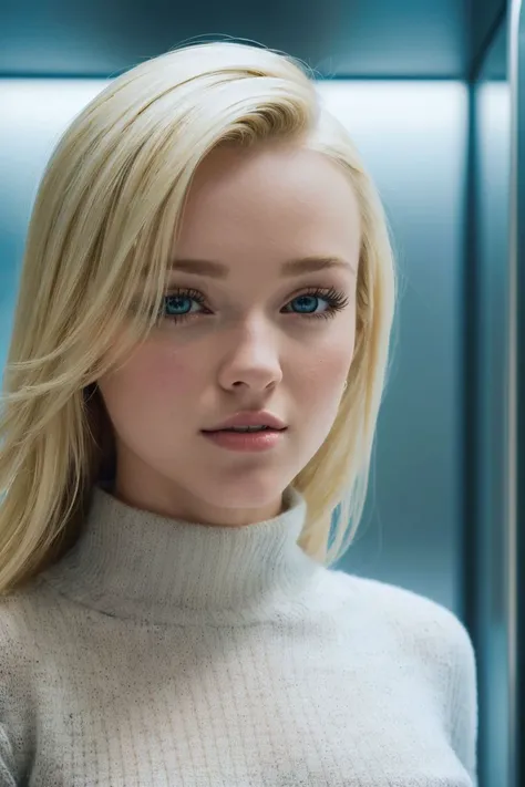 closeup headshot of S120_KenzeThomas, a gorgeous woman, in an (elevator), wearing a (sweater-dress:1.2), (8k, RAW photo, best quality, depth of field, ultra high res:1.2), (absurdres, intricate, photorealistic, masterpiece, ultra-detailed, Unreal Engine:1.3)