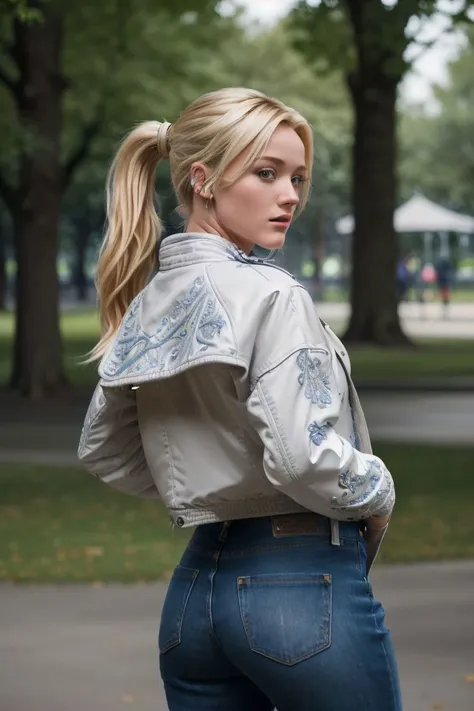photo of S120_KenzeThomas, a stylish woman, in a (park:1.1), wearing an (oversized-jacket:1.2), jeans, (ponytail), (8k, RAW photo, best quality, depth of field, ultra high res:1.2), (absurdres, intricate, photorealistic, masterpiece, ultra-detailed, Unreal Engine:1.3)