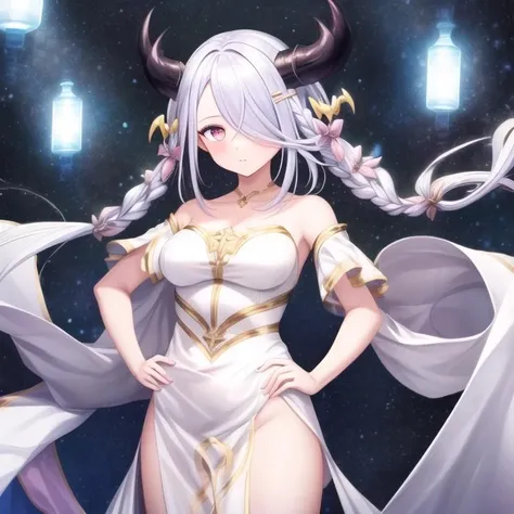 1girl,hand on hip, <lora:cyclepedia_v1:0.9>cyclepedia,hair over one eye,horns,braid, ,white dress,, <lora:flatBG:-0.6> ,<lora:flat2:-0.6>,(dark light:1.2),(hyper extreme detailed),(masterpeace:0.5),(hyper extreme),(photorealistic),game cg,llustration,novel illustration,beautiful lighting,light from the front,BREAK, <lora:GoodHands-beta2:1>,(good hand,nice hands, perfect hands:1.2),five finger,