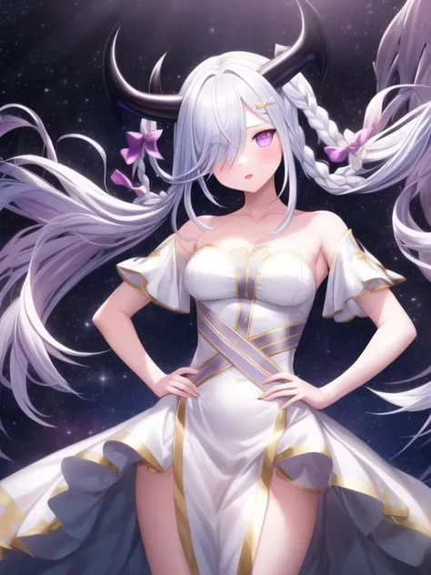 1girl, <lora:cyclepedia_v1:0.9>cyclepedia,hair over one eye,horns, white dress with purple center,, <lora:flatBG:-0.6> ,<lora:flat2:-0.6>,(dark light:1.2),(hyper extreme detailed),(masterpeace:0.5),(hyper extreme),(photorealistic),game cg,llustration,novel illustration,beautiful lighting,light from the front,BREAK, <lora:GoodHands-beta2:1>,(good hand,nice hands, perfect hands:1.2),five finger,, standing,hand on hip, BREAK