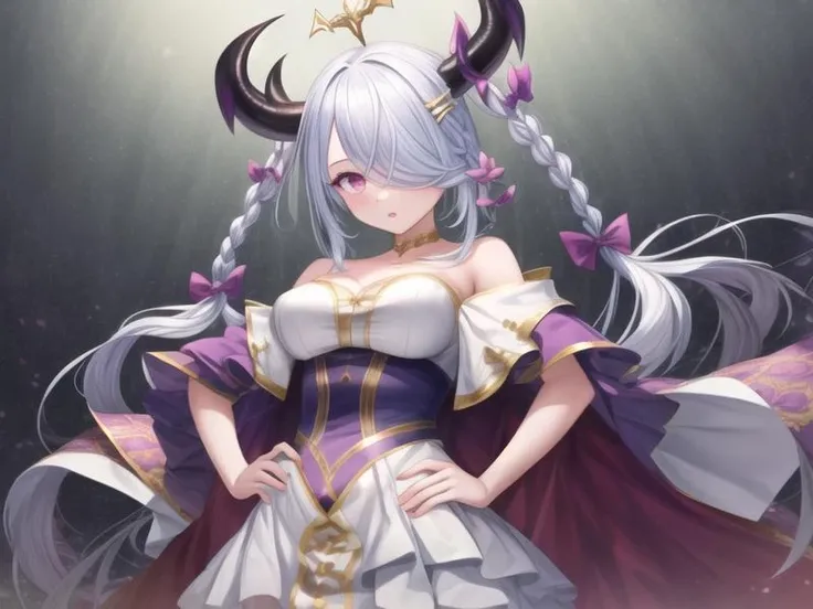 1girl,hand on hip,  <lora:cyclepedia_v1:0.9>cyclepedia,hair over one eye,horns,braid,  ,white dress,, <lora:flatBG:-0.6> ,<lora:flat2:-0.6>,(dark light:1.2),(hyper extreme detailed),(masterpeace:0.5),(hyper extreme),(photorealistic),game cg,llustration,novel illustration,beautiful lighting,light from the front,BREAK, <lora:GoodHands-beta2:1>,(good hand,nice hands, perfect hands:1.2),five finger,