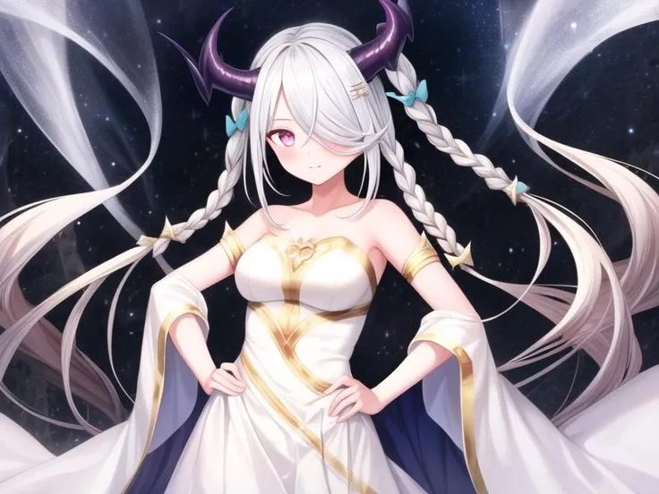 1girl,hand on hip,  <lora:cyclepedia_v1:0.9>cyclepedia,hair over one eye,horns,braid,  ,white dress,, <lora:flatBG:-0.6> ,<lora:flat2:-0.6>,(dark light:1.2),(hyper extreme detailed),(masterpeace:0.5),(hyper extreme),(photorealistic),game cg,llustration,novel illustration,beautiful lighting,light from the front,BREAK, <lora:GoodHands-beta2:1>,(good hand,nice hands, perfect hands:1.2),five finger,
