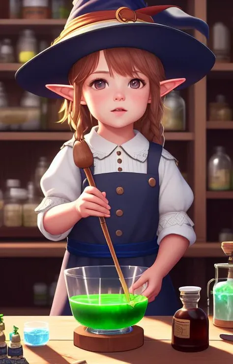 (extremely detailed CG unity 8k wallpaper), (masterpiece), (best quality), (realistic), fantasy, elf, (((child))), making potions, ???, student, linen dress, witch hat