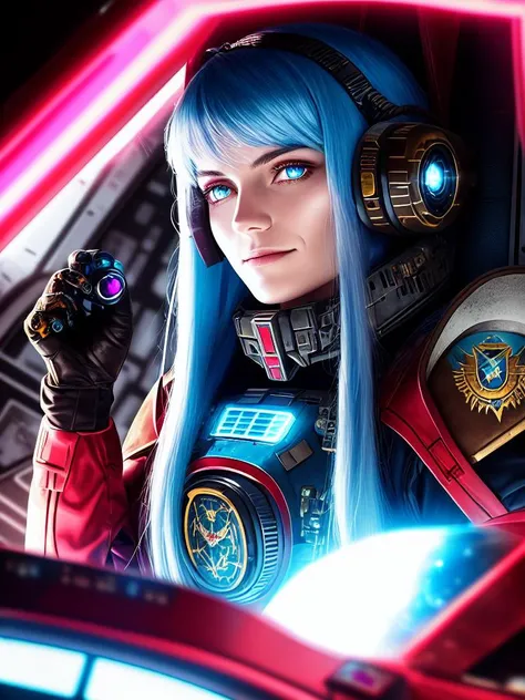 award winning waist up photo of a beautiful woman, dark science fiction space marine, wearing scratched and dented space marine gear, middle-aged, long blue hair, pink eyes, inside spaceship cockpit, electronic circuits hanging loose in background, flashing control panel in foreground, science fiction, action, dark, tools on floor in background, dark red lighting, high contrast, shiny skin, backlighting, bloom, light sparkles, chromatic aberration, sharp focus