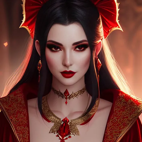 nsfw, closeup portrait of a sexy beautiful female vampire in a fantasy world, (backlighting), wearing intricate red robe, realistic, masterpiece, highest quality, ((sexy)), lens flare, ((light sparkles)), unreal engine, digital painting