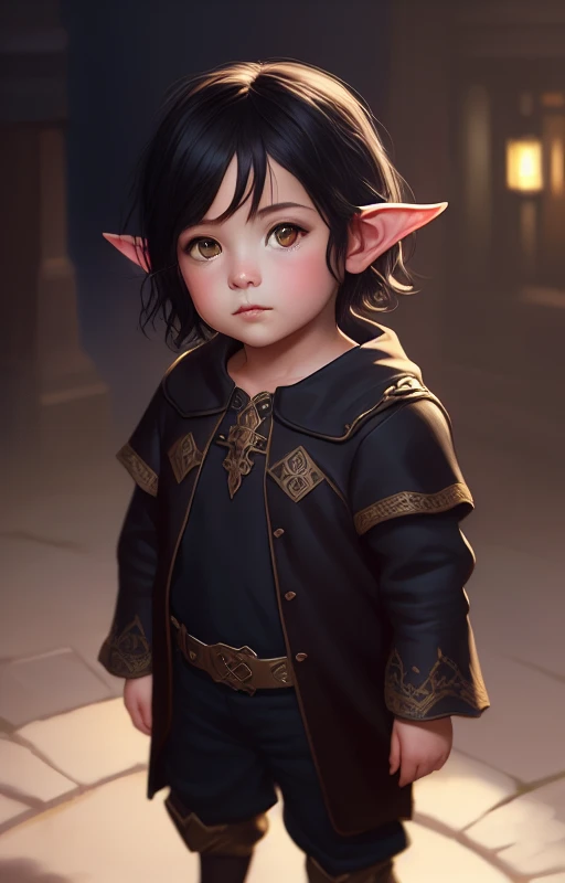 (extremely detailed CG unity 8k wallpaper), (masterpiece), (best quality), (realistic), fantasy, elf, ((())), black hair, realism, short hair, darkness, night, beautiful and detailed lighting, shadows, fullbody, mage outfit, by Jeremy Lipking, by Antonio J. Manzanedo, by (Alphonse Mucha), digital painting, pointy ears, young, kid