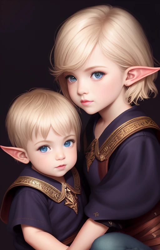 (extremely detailed CG unity 8k wallpaper), (masterpiece), (best quality), (realistic), fantasy, elf, ((())), blonde hair, realism, short hair, darkness, night, beautiful and detailed lighting, shadows, fullbody, mage outfit, by Jeremy Lipking, by Antonio J. Manzanedo, by (Alphonse Mucha), digital painting, pointy ears, young, kid, ns, closeup, two boys