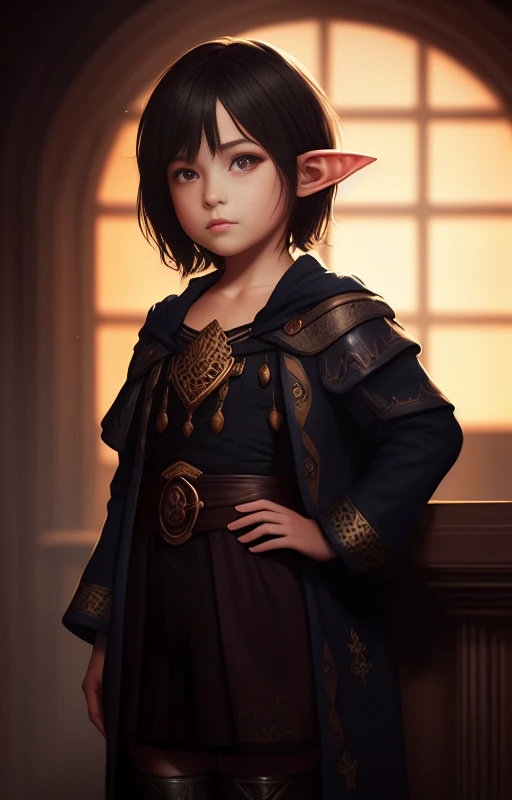 (extremely detailed CG unity 8k wallpaper), (masterpiece), (best quality), (realistic), fantasy, elf, ((())), black hair, realism, short hair, darkness, night, beautiful and detailed lighting, shadows, fullbody, mage outfit, by Jeremy Lipking, by Antonio J. Manzanedo, by (Alphonse Mucha), digital painting, pointy ears, young, kid, ns