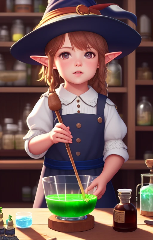 (extremely detailed CG unity 8k wallpaper), (masterpiece), (best quality), (realistic), fantasy, elf, ((())), making potions, kid, dent, linen dress, witch hat