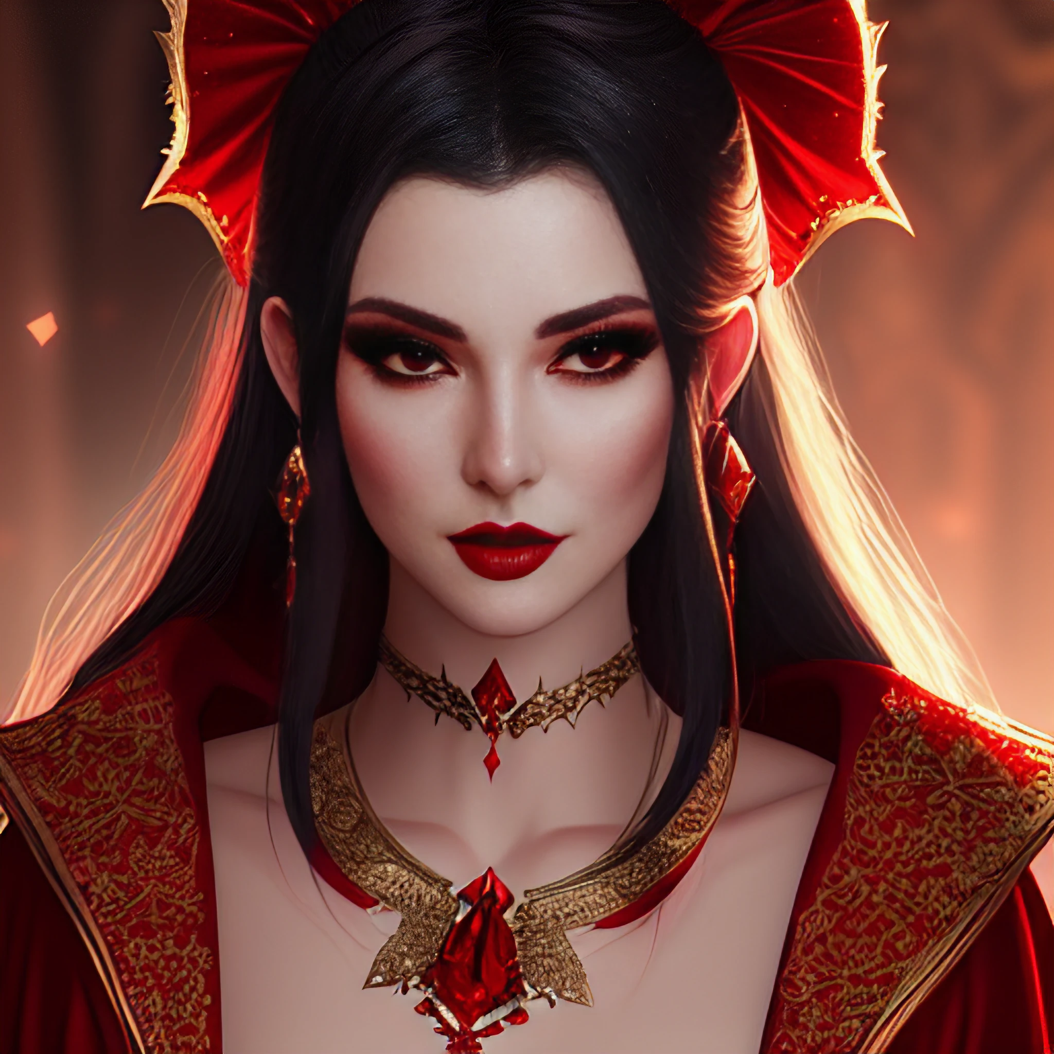 nsfw, closeup portrait of a sexy beautiful female vampire in a fantasy world, (backlighting), wearing intricate red robe, realistic, masterpiece, highest quality, ((sexy)), lens flare, ((light sparkles)), unreal engine, digital painting