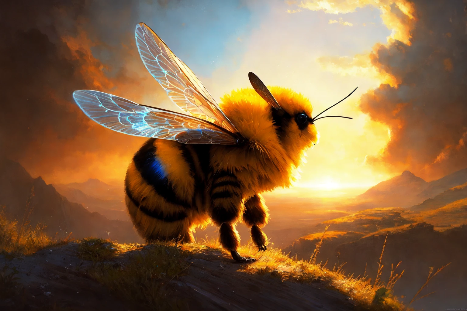 praise bee, holy bee, a bee glowing with holiness,
modelshoot style, (extremely detailed CG unity 8k wallpaper), photo of the most beautiful artwork in the world, professional majestic oil painting by Ed Blinkey, Atey Ghailan, Studio Ghibli, by Jeremy Mann, Greg Manchess, Antonio Moro, trending on ArtStation, trending on CGSociety, Intricate, High Detail, Sharp focus, dramatic, photorealistic painting art by midjourney and greg rutkowski,