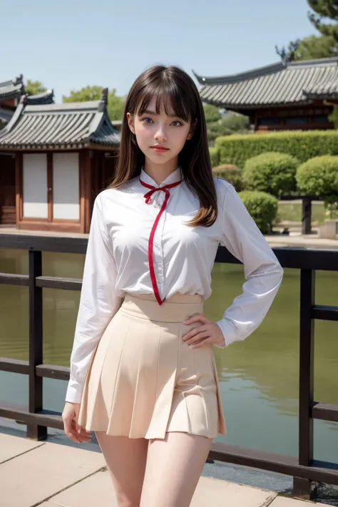 1girl, Wide hips, Skindentation, blush, standing, in front of Chinese garden, wearing a flowing gold school uniform, blue alternate hairstyle, and orange eyes, looking at the viewer, extremely beautiful, pale skin, angel, <lora:add_detail:1>