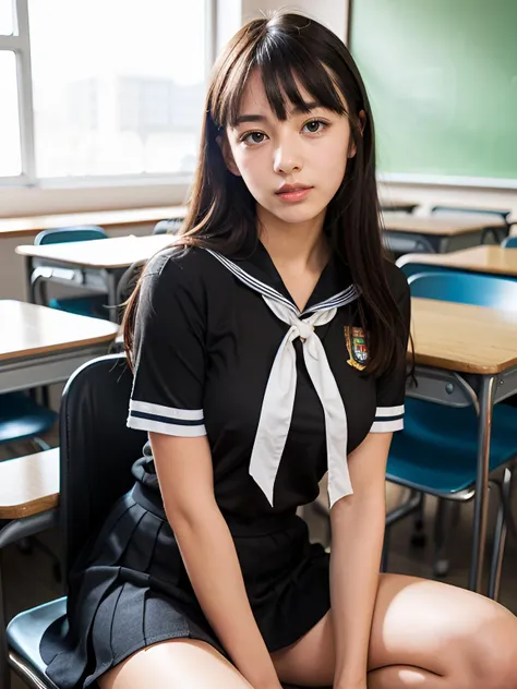 1girl, bangs, black shirt, black skirt, brown eyes, brown hair, large breasts, long hair, no bra, red bowtie, sailor collar, class room, school uniform, sitting 