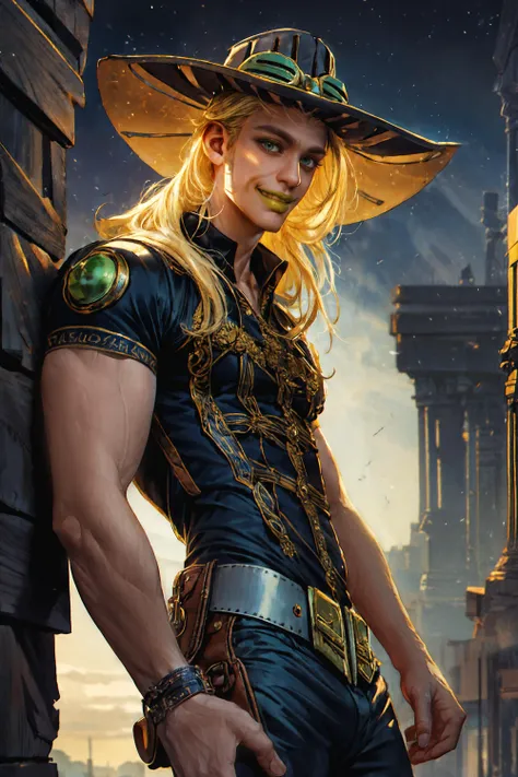 (Absurdres, masterpiece, best quality, high resolution, 8k),
solo, blonde, gyro zeppeli, beard, smile, brown hat, gold grillz, goggles, belt, long hair, thin waist, male focus, 1boy, detailed, wild west setting, araki hirohiko style, green and blue color theme
<lora:gyro:0.85>
digital painting, volumetric light, (intricate details, hyperdetailed), Depth of field, rich colors, trending on artstation, (pascal campion:0.3), (painting art:0.05), [eclectic:clear:18] <lora:EbonyGoldAI:0.7>