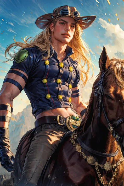 (Absurdres, masterpiece, best quality, high resolution, 8k),
solo, blonde, brown horse riding, gyro zeppeli, beard, brown hat, goggles, belt, long hair, thin waist, male focus, 1boy, detailed, outdoor, araki hirohiko style, gold balls, green and blue color theme, wild west setting
<lora:gyro:0.85>
digital painting, volumetric light, (intricate details, hyperdetailed), Depth of field, rich colors, trending on artstation, (pascal campion:0.3), (painting art:0.05), [eclectic:clear:18]